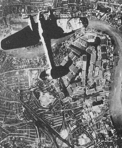 German propaganda photograph of a bomber over Surrey Docks