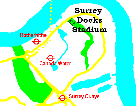 Map of Rotherhithe showing Surrey Docks stadium