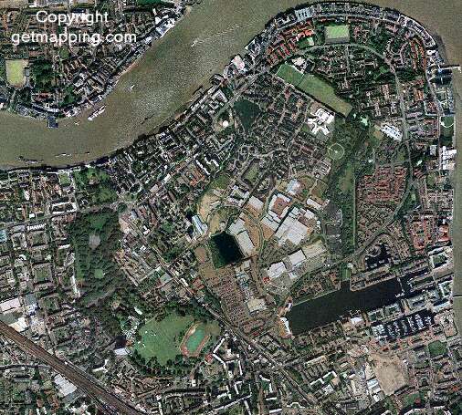 A getmapping.com aerial low resolution photograph of Rotherhithe