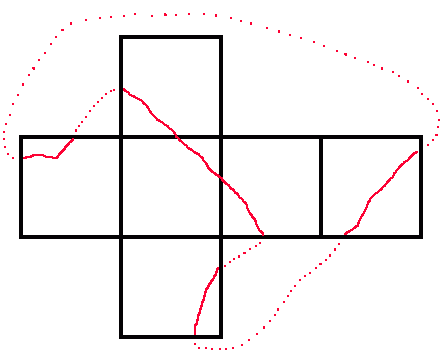 First of two possible toplogical closed routes crossing each face of a unit cube once