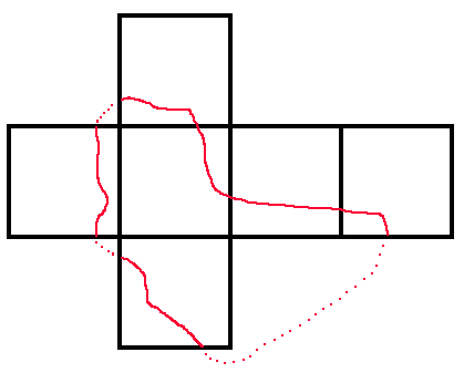 Second of two possible toplogical closed routes crossing each face of a unit cube once