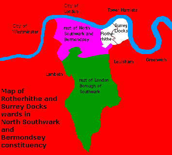 Map of Rotherhithe and Surrey Docks wards in Southwark